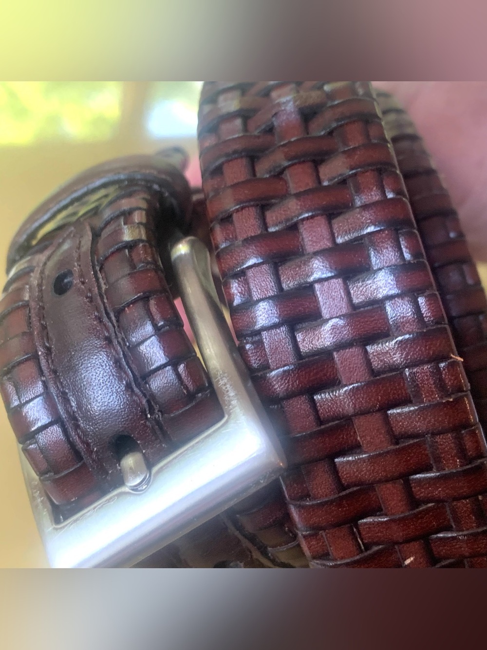 Cognac Brown Woven Leather Belt Silver Tone Rectangular Buckle Men’s Size 42